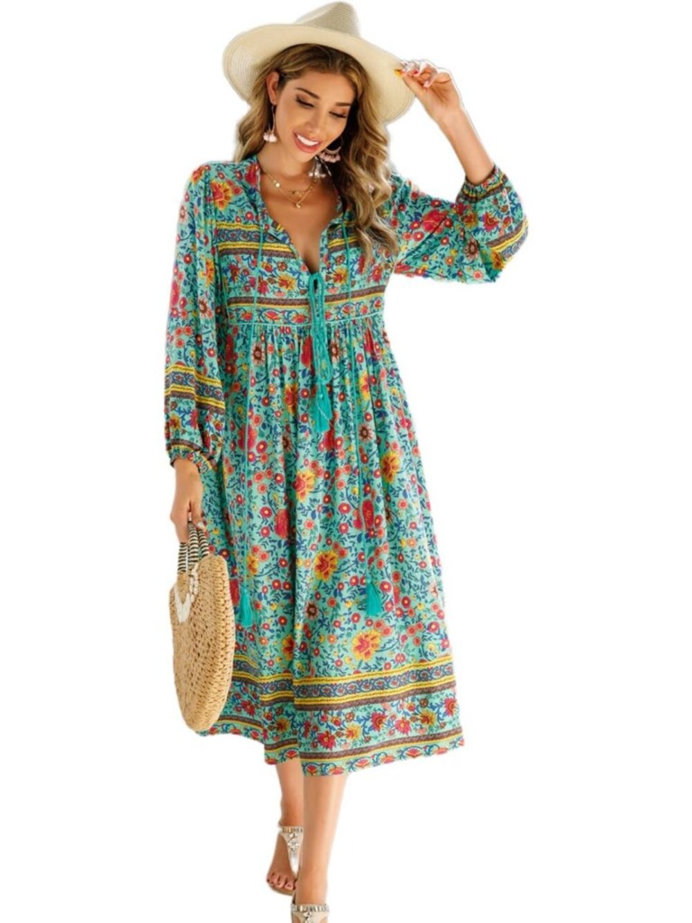 Boho Floral Midi Dress for Women | Long Sleeve Casual Style | Perfect for Any